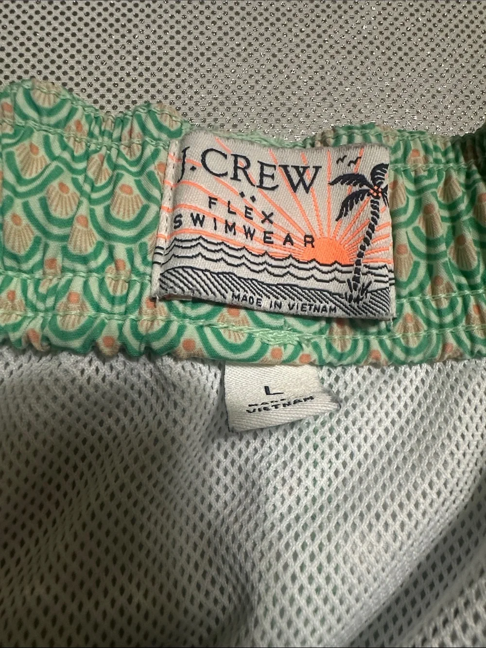 J. Crew Mint Green Scallop-Print Swim Shorts with Coral Accent